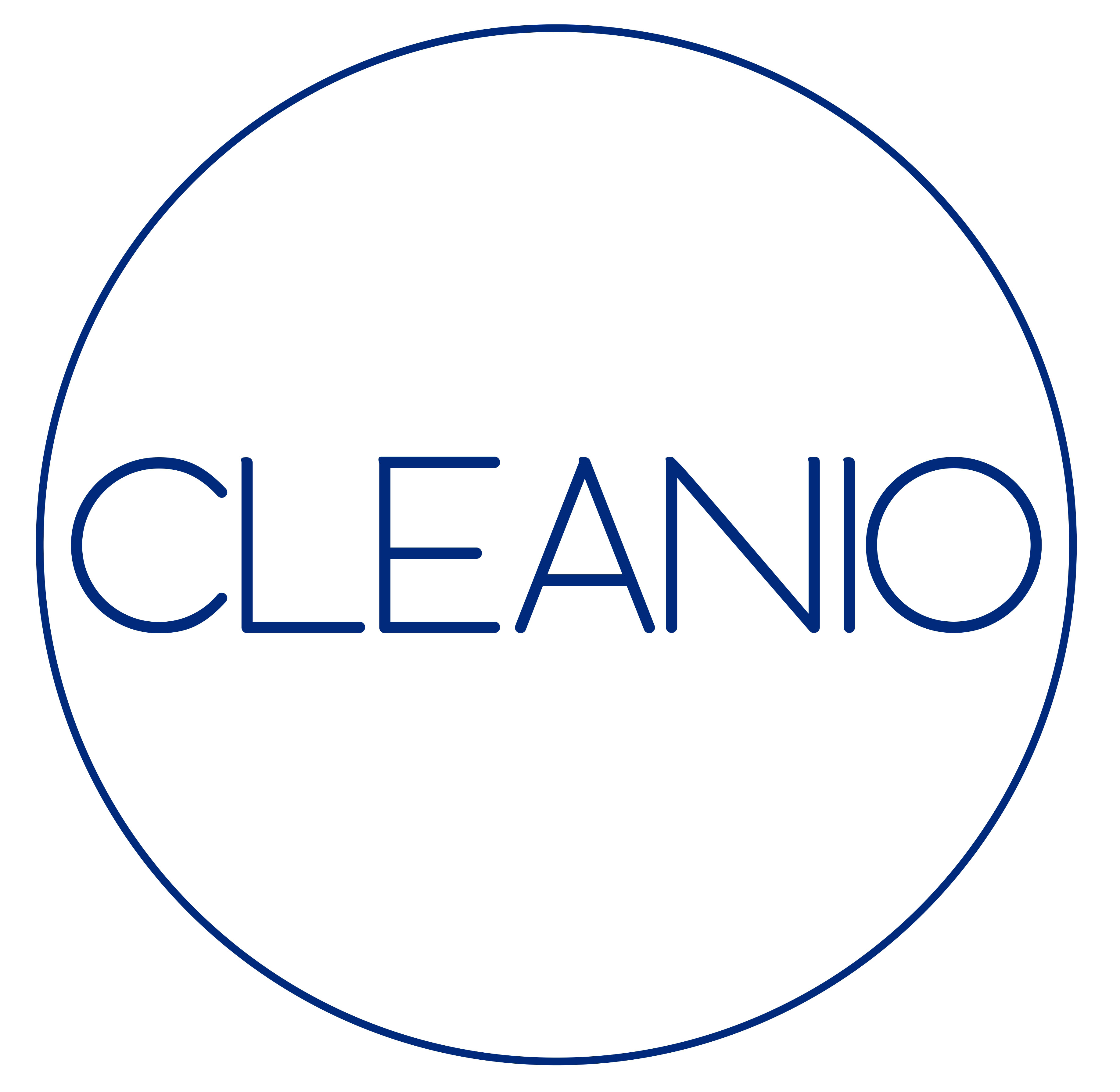 Sauberes rundes CLEANIO Logo in dunkelblauer Schrift auf weißem Hintergrund