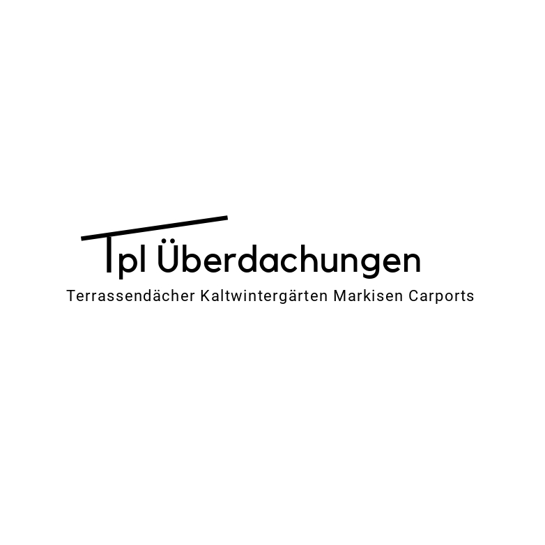 Schwarzes Logo Tpl Überdachungen mit schrägem Strich über dem T auf weißem Hintergrund