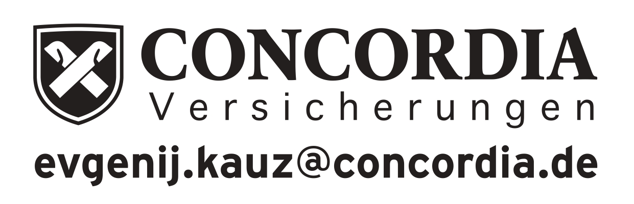Das Logo von Concordia Versicherungen in Schwarz mit einem weißen Schild und E-Mail-Adresse