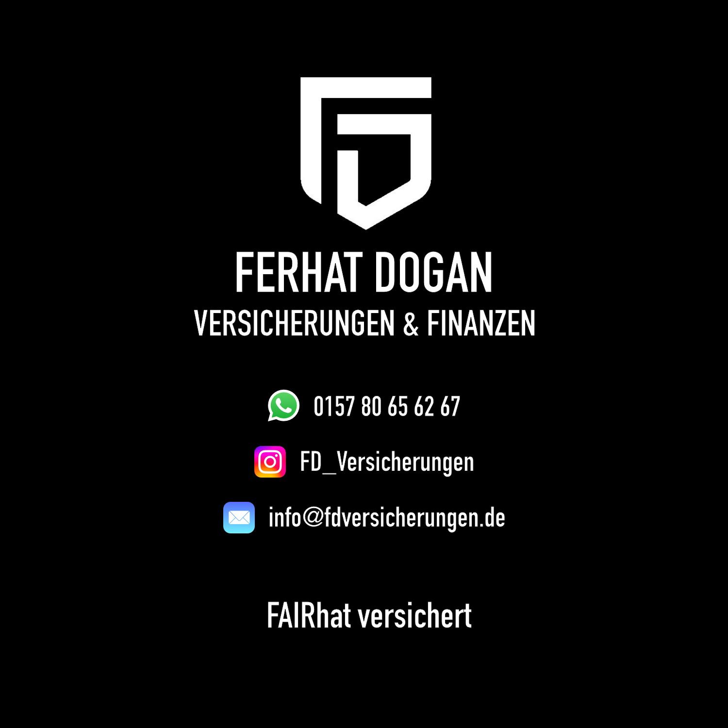 Ein weißes FD Logo über Kontaktdaten und Social Media Icons auf schwarzem Hintergrund