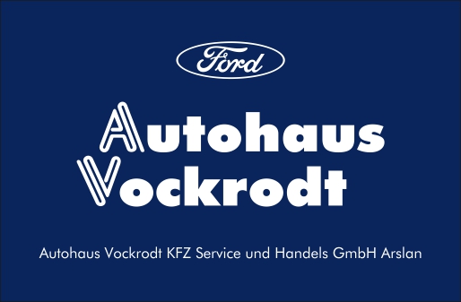 Blaues Schild mit weißem Ford Logo und großem Autohaus Vockrodt Schriftzug