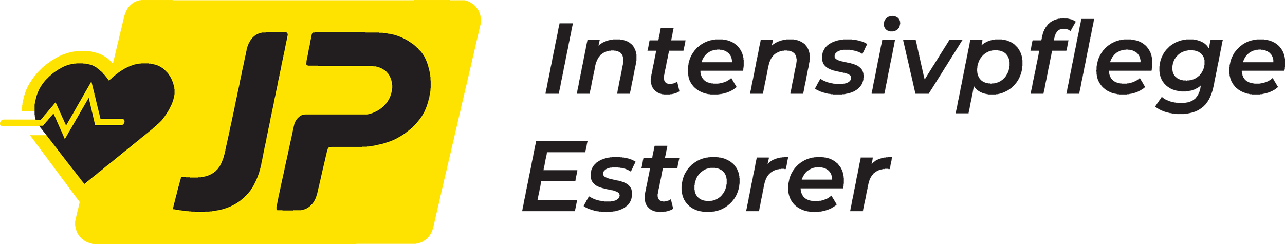 Logo mit gelbem Quadrat und Herzsymbol neben schwarzem Text JP Intensivpflege Estorer