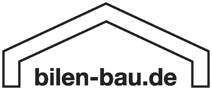 Schwarzes Logo mit stilisiertem Dach und der Aufschrift bilen-bau.de darunter