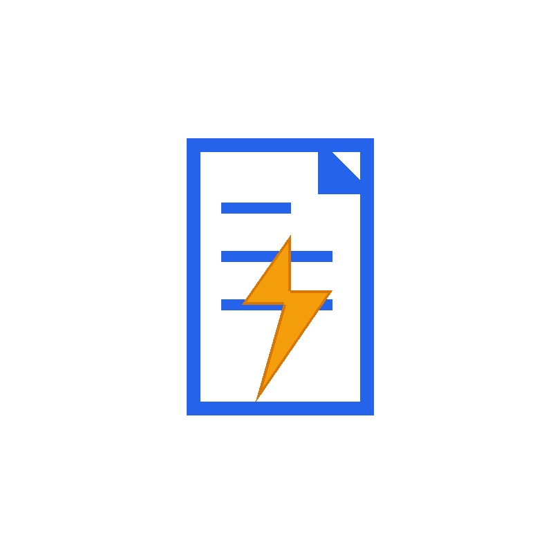 Blaues Dokumentsymbol mit Textzeilen und einem orangefarbenen Blitz in der Mitte