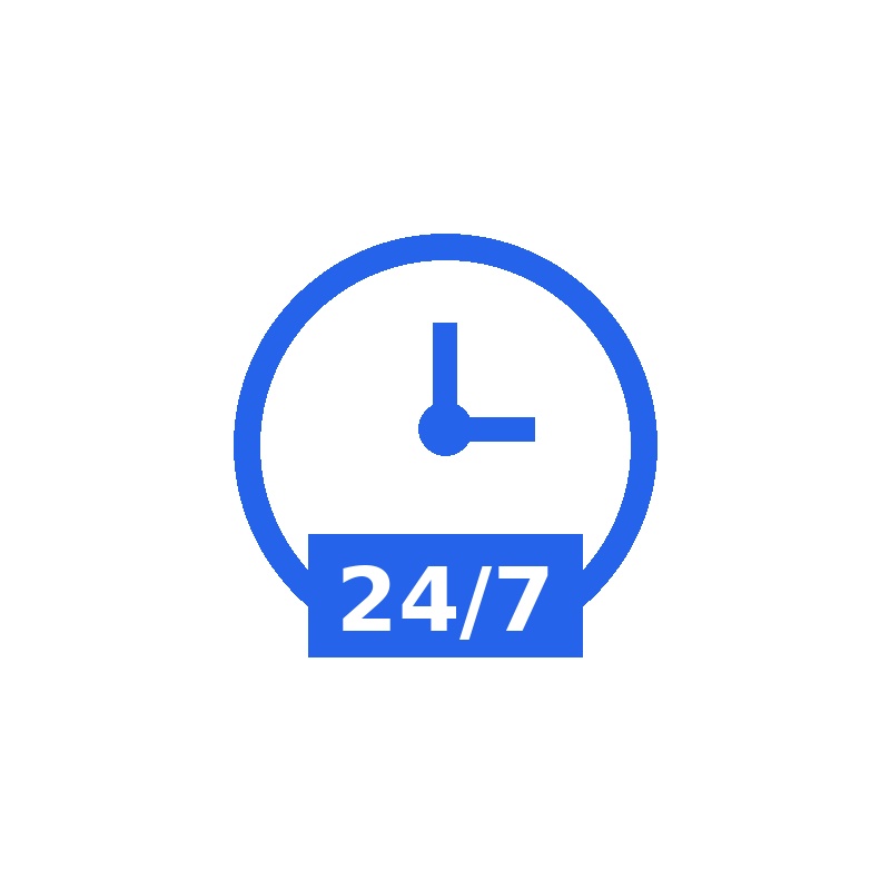 Blaues Uhrensymbol mit der Aufschrift 24/7 fuer permanente Verfuegbarkeit